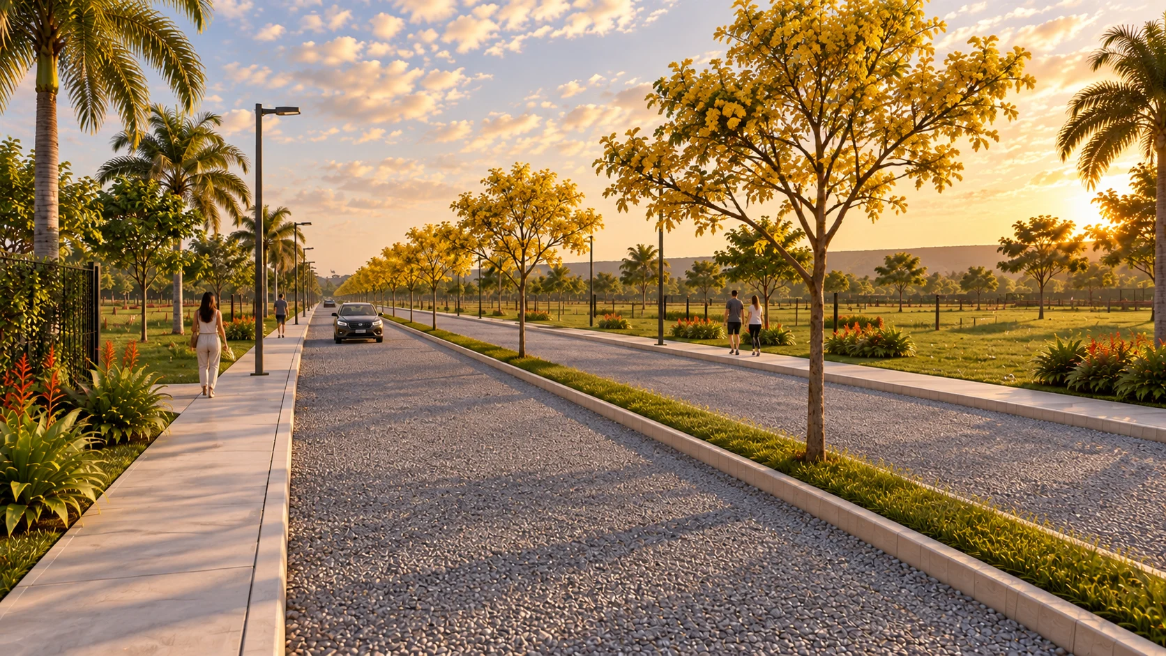 Perspectiva ilustrativa da avenida do Morada Paxixi, com ipês e brita compactada